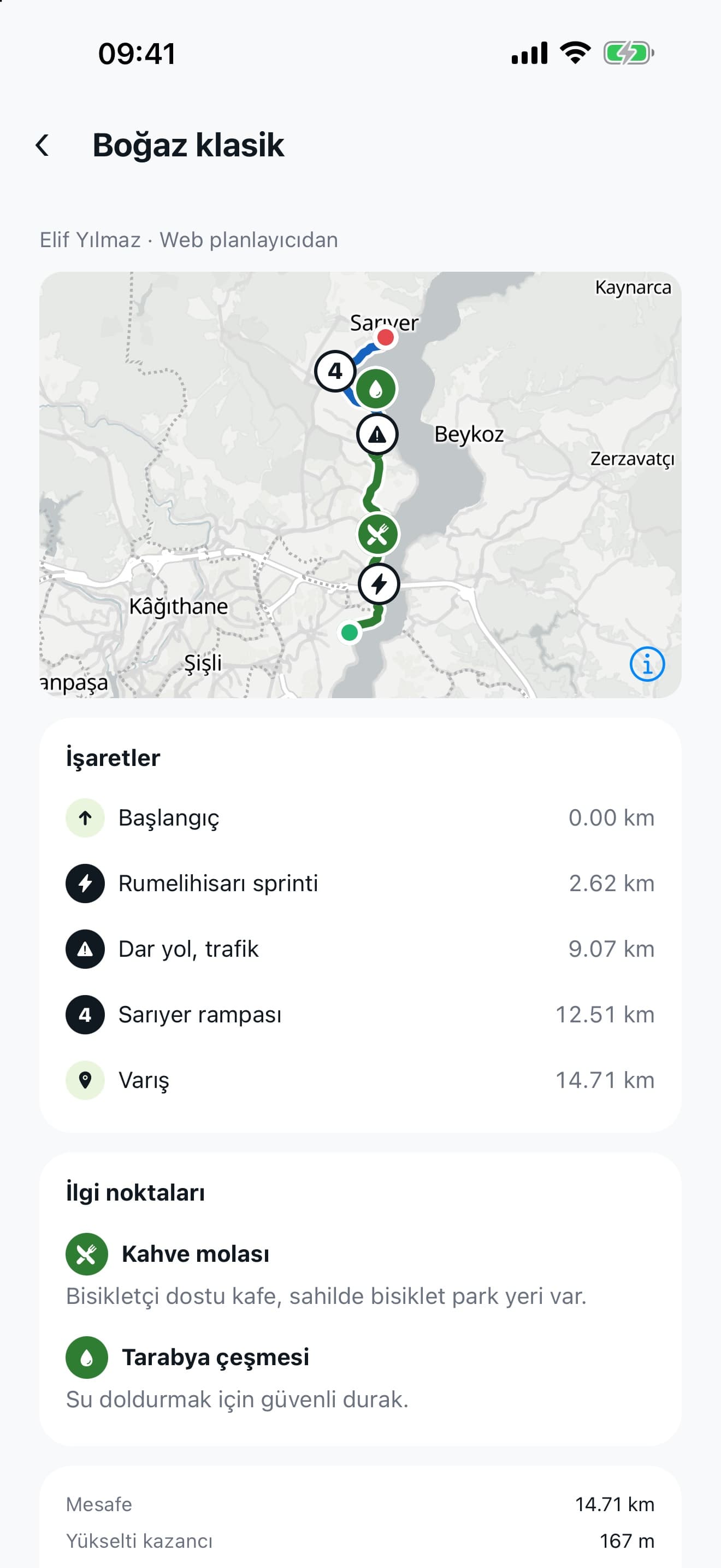 Mobil uygulamada rota detayı